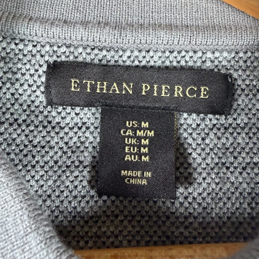 Ethan Pierce Polo Sweater Mens Medium Grey Good Long Sleeve Grid Knit